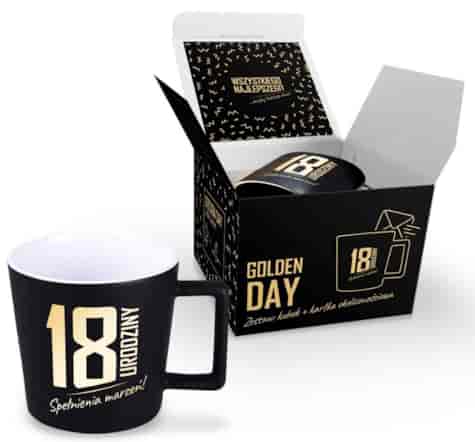 GOLDEN DAY KUBEK 350ml + KARTKA - 18 URODZINY