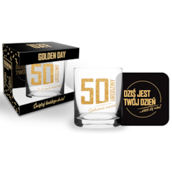 GOLDEN DAY SZKLANKA 300ml + PODKŁADK - 50 URODZINY