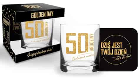 GOLDEN DAY SZKLANKA 300ml + PODKŁADK - 50 URODZINY