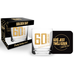GOLDEN DAY SZKLANKA 300ml + PODKŁADK - 60 URODZINY