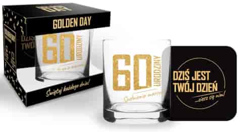 GOLDEN DAY SZKLANKA 300ml + PODKŁADK - 60 URODZINY