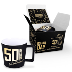 GOLDEN DAY KUBEK 350ml + KARTKA - 50 URODZINY