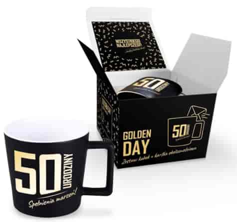 GOLDEN DAY KUBEK 350ml + KARTKA - 50 URODZINY