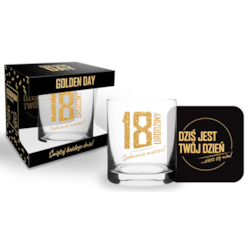 GOLDEN DAY SZKLANKA 300ml + PODKŁADK - 18 URODZINY