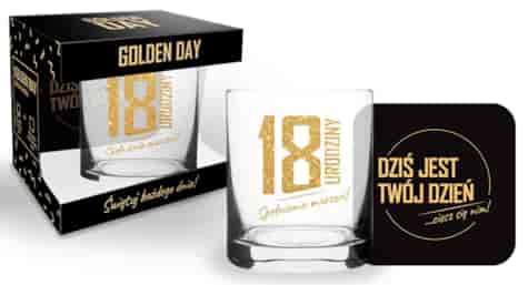 GOLDEN DAY SZKLANKA 300ml + PODKŁADK - 18 URODZINY