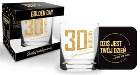 GOLDEN DAY SZKLANKA 300ml + PODKŁADK - 30 URODZINY