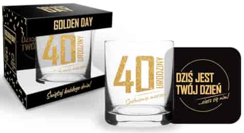 GOLDEN DAY SZKLANKA 300ml + PODKŁADK - 40 URODZINY